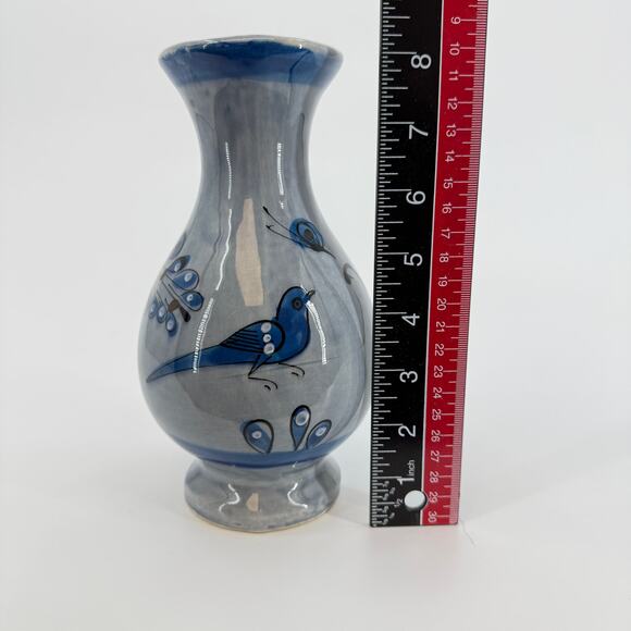Vintage Mexican Tonala Pottery Vase 8 in Signed Hand Painted Blue Bird Floral - Picture 5 of 6